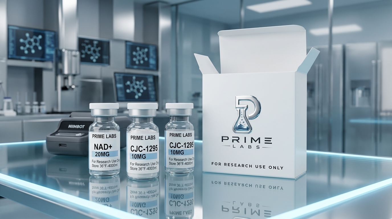 Official Prime Labs Research Peptide Vials and Packaging